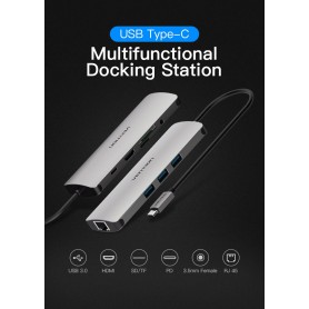 Vention, All in One USB-C C Type USB C To RJ45/HDMI/Audio 3.5mm/USB 3.0 /USB-C/TF/SD Female Adapter, USB adapters, V053