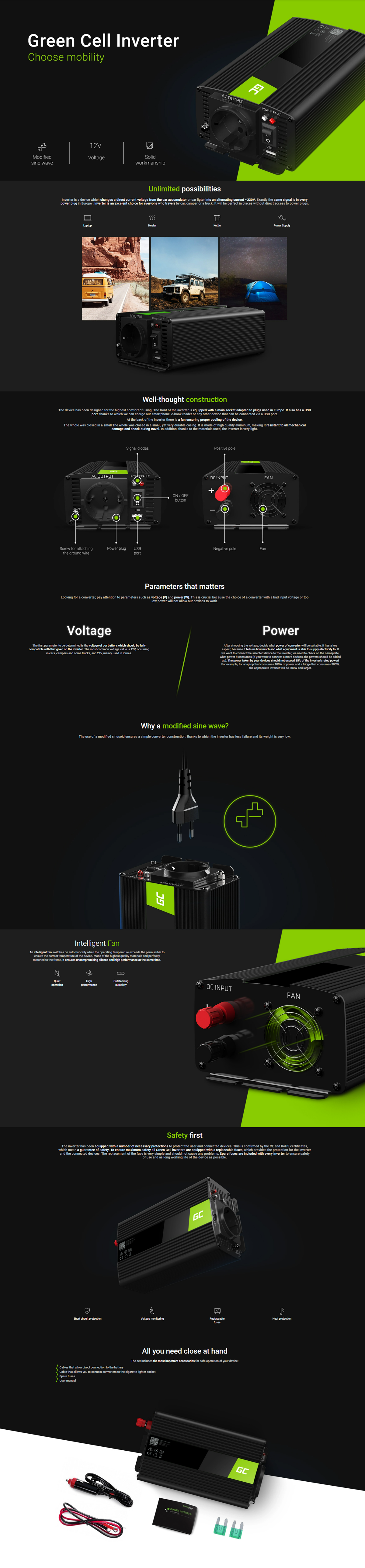 Inverter 24V/230V 500W/1000W Pure Sine Wave Green Cell